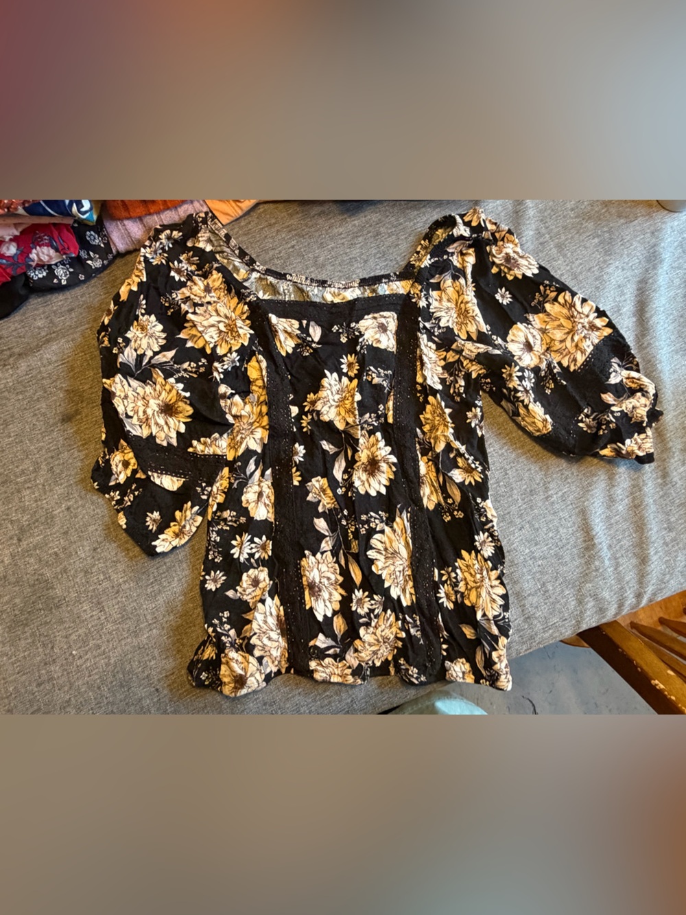Maurices Black Floral Puff-Sleeve Blouse with Mustard Blooms